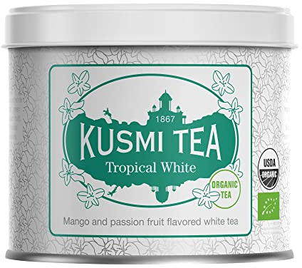 Kusmi Tea - Tropical White - Ekologisk blandning av vitt te, grönt te med mango och passionsfrukt - Att avnjuta varmt eller som iste - Teburk i metall 90g - Mängd för ca 50 koppar