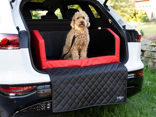 Hundebox Auto Kofferraumschutz Hund mit ladekantenschutz Kofferraum【Mit Tasche】 Kofferraum schutzmatte herausnehmbar -Hunde Autositz mit Anschnallsystem, hundetransportbox 100x70x38cm Rot/Schwarz