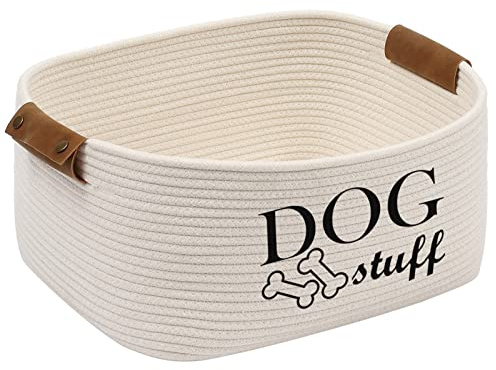 Cesta tejida de juguete para perros con cuerda de algodón MOREZI, adecuada para almacenar cosas para perros y suministros para mascotas-Beige