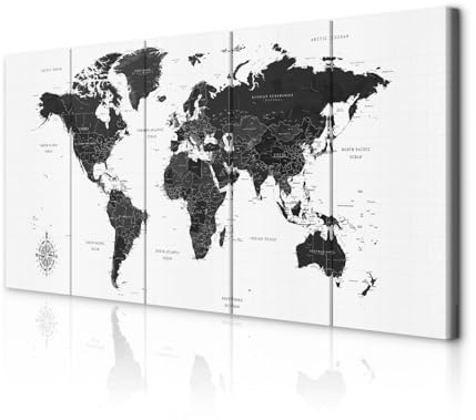 decomonkey Bilder Weltkarte 150x60 cm 5 Teilig Leinwandbilder Wandbild weiß | Bild auf Leinwand, Kunstdruck, Wanddeko, Wohnzimmer, Wanddekoration, Landkarte, Kontinente, schwarz