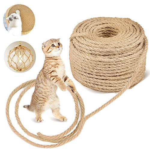 JOYUE Corda Sisal per Tiragraffi, Corda Tiragraffi per Gatti Sisal 6 mm Cordas Sisals Naturale per Riparazione e Sostituzione di Gatto Scratching Pilastro, Gatto Albero, Gattos Graffiare (50M)