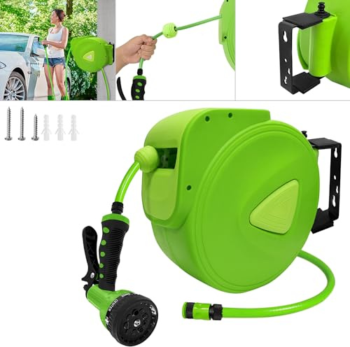 Froadp Avvolgitubo da Giardino 20m+2m Tubo Flessibile da Parete Automatico Girevole a 180° Doccetta Multifunzione con Fermatubo e Attacco Rapido per Campeggio Garage Irrigazione Doccia per Cani