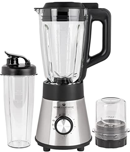 KeMar Standmixer 2-in-1 Edelstahl silber - 1,5l Glasbehälter 5 Programme 1000W abnehmbare Klinge - Smoothiemaker - inkl. 2Go Becher Trinkdeckel - Spülmaschinenfest, Blender, Reinigungsprogramm