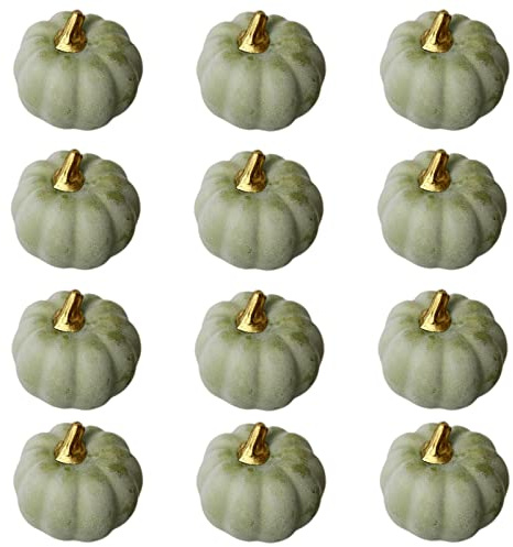 Juego de 12 calabazas artificiales verdes de otoño, decoración a granel, calabazas de cosecha sintética, mini calabazas de espuma, fiesta, decoración del hogar