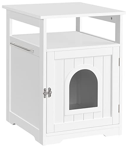 Abician Cache Litière pour Animaux de Compagnie Maison de Toilette pour Chat en Bois MDF Meuble pour Bac à Litière avec Entrée Voûtée et Rangement Table d’appoint Minimaliste Blanc