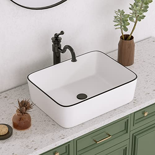 DeerValley Lavabo da Appoggio in Ceramica con corpo bianco e finiture nere, Rettangolare 480 * 370mm*135mm, Piletta Lavello Elegante Sanitari per Bagno Toilette WC