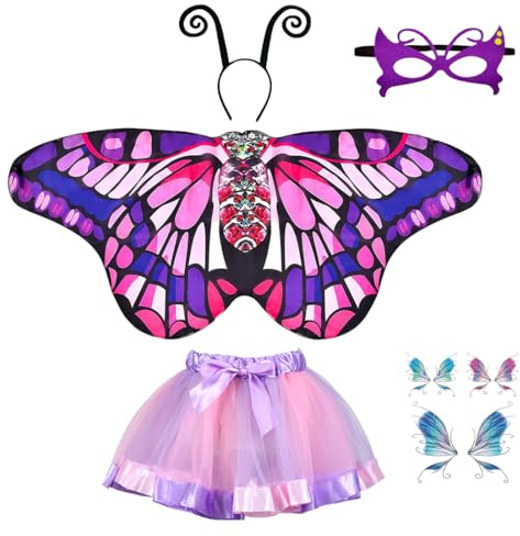 Capaneus Schmetterling Kostüm Kinder, Schmetterlingsflügel mit Tutu Rock, Haarreif, Maske e Tattoos Schmetterling, Schmetterling Umhang Kostüm für Mädchen Karneval Fasching Halloween Cosplay