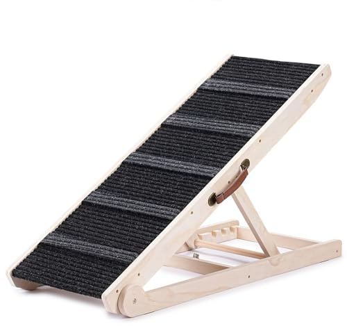 Hundrampe für Bett & Couch – faltbar für kleine bis große Hunde – 6 verstellbare Höhen (30.5–61 cm) – Treppe mit griffiger Matte – tragbare Holzrampe für Bett, Couch, Auto – belastbar bis 90 kg