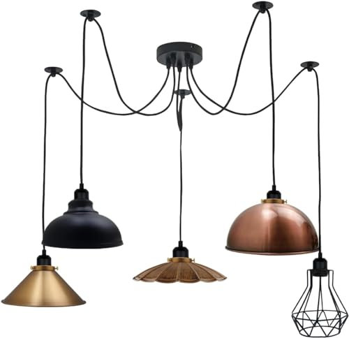 5 Arm DIY Spinne Pendelleuchte, 5 Lampen E27 Vintage Industrie Deckenleuchten, Metallschirme Retro Hängender Kronleuchter, Höhenverstellbar 2 m Kordel, Wohnzimmer, Esszimmer (SPIDER 3, Without Bulb)