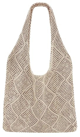 SUOSDEY Crochet Beach Tote Bag for Women, Aesthetic Mesh Shoulder Bag, Summer Boho Checkered Handbag beige
