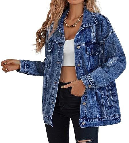 Giacca di jeans oversize per le donne giacca di jeans strappata boyfriend manica lunga Trucker Coat, Blu scuro, X-Large