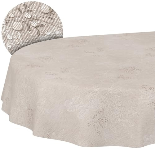 ANRO Tischdecke abwaschbar Japondi Beige oval 180x140 cm In-/Outdoor | ideal für Garten, Terrasse & Esszimmer – Gartentischdecke wetterfest – Tischwäsche aus beschichtetem Stoff