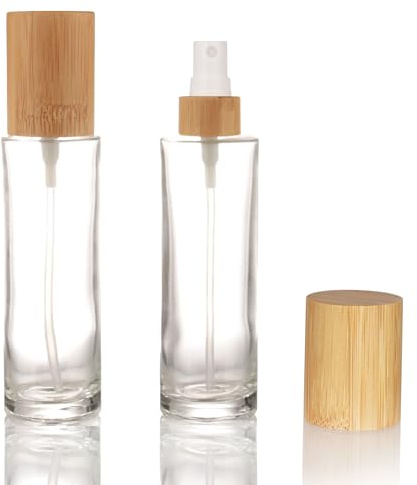 COSIDEA 4 Stück leere 100 ml Bambusdeckel Klarglas Sprühflasche mit feinem Sprühkopf für flüssige Parfüm Toilettenartikel Tonerflaschen 20 Hals