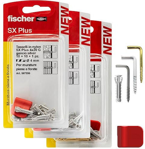 Fischer Tasselli SX Plus 4 G con Gancio Appendi Quadri, 30 Pz, Silver + Bianco + Gold, Installazione Pulita su Muro per Cornici Pesanti
