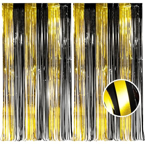 BRAVESHINE Lametta Vorhänge Schwarz Gold Party Deko 1x2,5m | Glitzer Party Vorhang Foto Hintergrund für Geburtstag Silvester Neujahr Jubiläum Ruhestand Filmabend