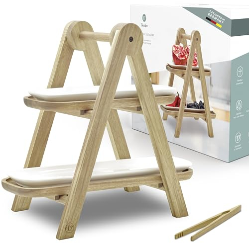 Diemker Premium Holzetagere mit Serviertellern aus 2 Etagen | Etagere Obst, Holz, Obstschalen, zwei stöckig, Faltbar, ohne Schrauben (Zweistufig), Servierständer, Hochzeit, Grillzubehör, Candybar