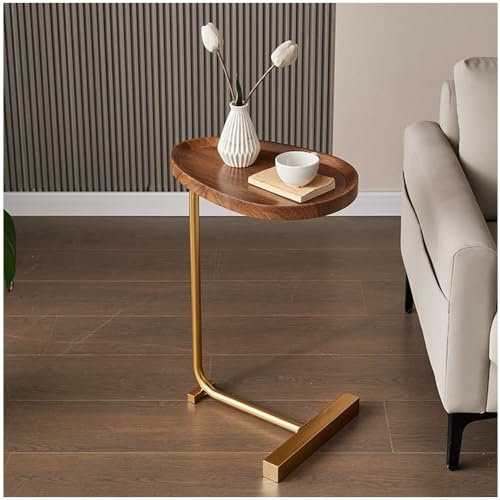 SINBINTA C-förmiger Beistelltisch, kleiner Couch-Snack-Tisch, schmaler Sofa-Beistelltisch mit Metallrahmen für Wohnzimmer, Schlafzimmer, Nachttisch (Gold+braunes Tablett)