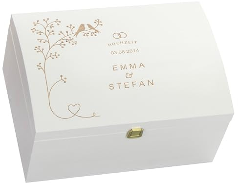 LAUBLUST Holztruhe zur Hochzeit mit Verschluss - Personalisierte Geschenkkiste mit Gravur | ca. 35x25x19 cm - Hochzeitstruhe personalisiert mit Namen & Datum - FSC® (Vogel-Pärchen, Weiß ohne Schlitz)
