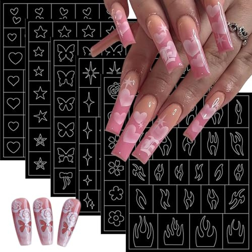 6 Sheets Airbrush Stencils 3D Hollow Butterfly Nail Decals Flame Heart Four Pointed Star for French Nail Design Manicure Decoration DIY Tools