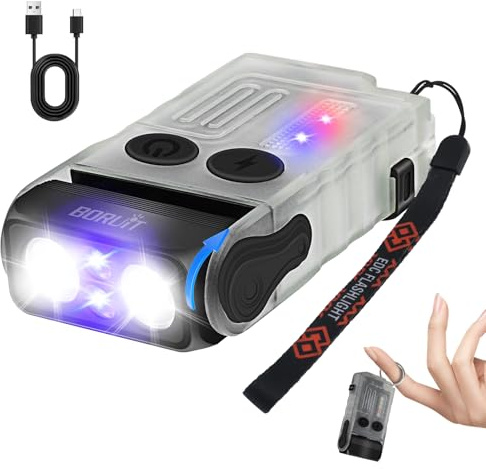 BORUIT Linterna pequeña y potente EDC, llavero de bolsillo recargable USB C súper brillante con clip, 365 nm UV, cabeza giratoria de 180°, zumbador de 110 dB, 13 modos de luz COB magnética para