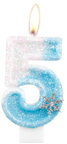 Geburtstagskerzen, glitzernde Zahlenkerze zum 5. Geburtstag, Schneeflocke, Zahl 5, Kerzen für Kuchen, blau-weiße Eiskönigin Kuchen-Kerzen, Toppers für Mädchen, Geburtstagsdekorationen, Partyzubehör