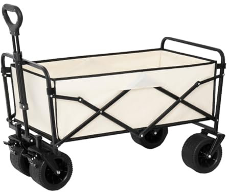 Gartenwagen Rollsitz Bollerwagen Faltbar Strand Handwagen Klappbar Transportkarre Camping Mit Großen Rädern Für Sand, Geländegängiger Faltwagen Mit Verstellbarem Griff Für Draußen(/Beige)