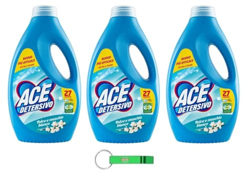 3x ACE Detersivo Lavatrice Talk und Weißer Moschus- Waschmaschine Flüssigwaschmittel - Wirksam bei allen Arten von Flecken,27 Wäschen 1350ml + Beni Culinari Kostenloser Schlüsselanhänger