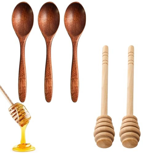 5-Piece Honey Spoon Set, Including 3 Small Wooden Spoons and 2 Mixing Sticks. Wooden Spoons are Made of Natural Wood and are Suitable for Household Kitchens, Etc.