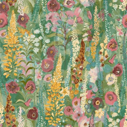 Papier peint Delphinium vert rose – Motif floral peint – Motif floral botanique traditionnel – Vinyle texturé à coller