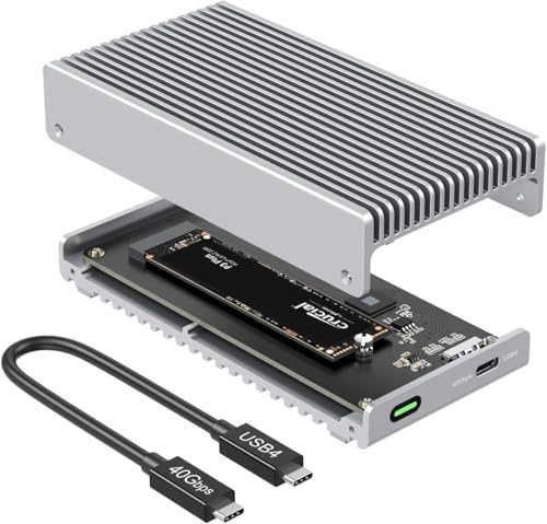 Qwiizlab fläktlöst 40 Gbps USB4 Thunderbolt externt ssd-hölje med kylfläns i aluminium, stöder M.2 NVMe SSD upp till 8 TB, silver (SSD ingår inte)