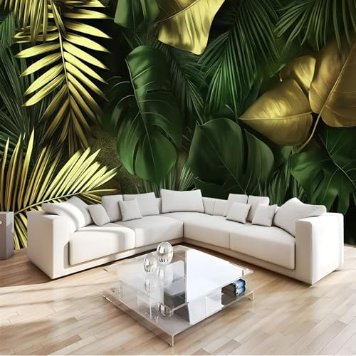 Papier Peint Panoramique Feuilles Tropicales400W x 280H cm - Décoration murale moderne – Tapisserie décorative pour chambre salon - Feuilles De Palmier Dorées pour Restaurant Décoration Murale