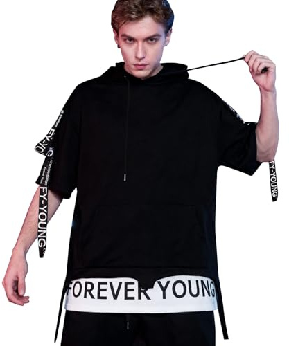 KENAIJING Sweat à Capuche Manche Courte Homme Hip Hop Sweatshirt Homme Capuche T-Shirt Hoodie（Noir, XXL）