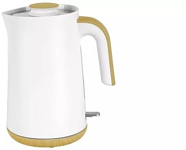Modern Electric Kettle with Wooden Base, White and Gold, 1.7L