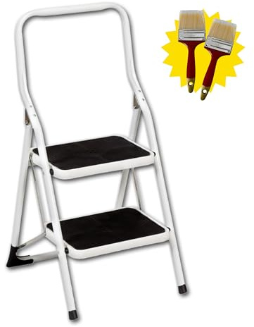 HR Hogar - Escalera Plegable de Acero 2 Peldaños Extra Anchos - Fabricado en Europa - 2 Brochas de Regalo | Seguridad Mejorada, Antideslizante, Robusta, Fácil Almacenamiento