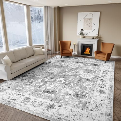 IKALIFE Tapis Salon Vintage Lavable en Machine Grand Antidérapant Tapis Salon Doux Poil Court pour Chambre Adulte, Salle à Manger, Cuisine 160 x 230 cm Gris