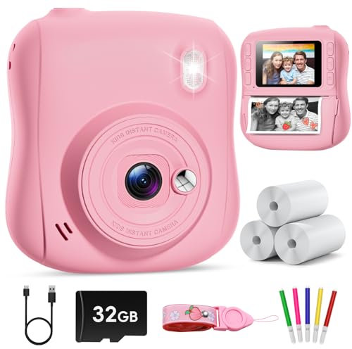 Hangrui Appareil Photo Instantané Enfant, 2,0 Pouces Écran HD Appareil Photo Enfant avec Carte de 32GB & 3 Rouleaux de Papier d'impression,Cadeau Jouet pour Enfant Garçons Filles de 3-10 Ans -Rose