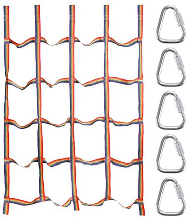 DAWCBVJQ 145 x 185 cm Regenbogen-Kletternetz mit 5 dreieckigen Haken, Spielplatz-Seil-Training-Nylon-Netz, Seilschutz, Klettergerüst, hochfeste Gurtbandleiter, Kletter-Cargo-Netze für Kinder