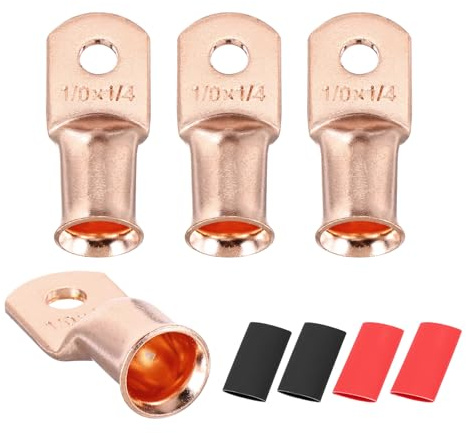 sourcing map 4pcs 1/0 AWG M6 Battery Lugs Ring Terminals, 1/4 6mm Stud Crimp Wire Terminal Connector End Copper, 3:1 Heat Shrink Tubing, Gold