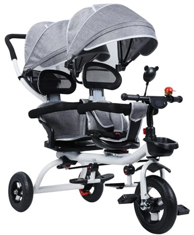 toilmua Kinder-Trike-Doppelsitz-Dreirad für 3-8 Jahre, Babytrike mit abnehmbarem und einstellbarem Baldachin große Anti-Skid-Räder einfach Installation 220 lbs Kapazität Grau