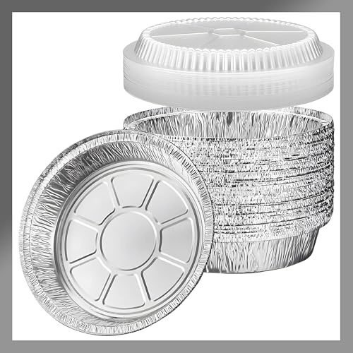 Pokanic Aluminum Foil Pans [9 Round] x [10 Pack] with Clear Dome Lids Recyclable Disposable Containers Straight Walls for Storing, Baking, Meal Prep & Reheating Freezer Oven Safe (10 Pack, 9 inch)