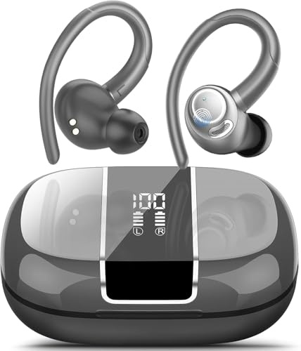 Bluetooth Kopfhörer Sport, Kopfhörer Kabellos Bluetooth 5.3 mit ENC Mikrofon, 48Std Premium-Tiefbass Wireless Earbuds mit LED Anzeige, Leichtes Design,IPX7 Wasserdichte Ohrhörer with Earhook,Eisengrau