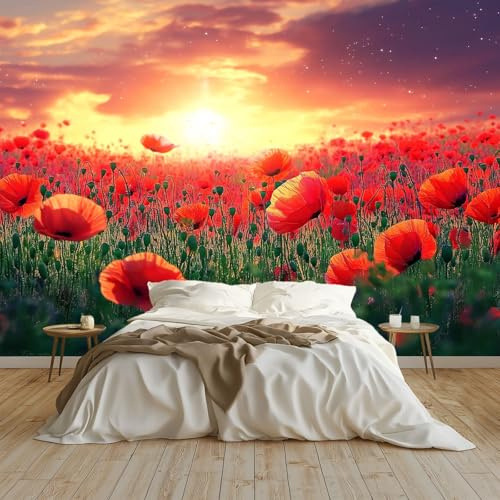Papel Tapiz Fotográfico Papel Tapiz Viento Natural Campo De Amapolas Art Mural 300x210 cm Cafe Restaurant Dormitorio Decoración para el Hoga Murales Papel Pintado a Papel Fotomural, Rojo