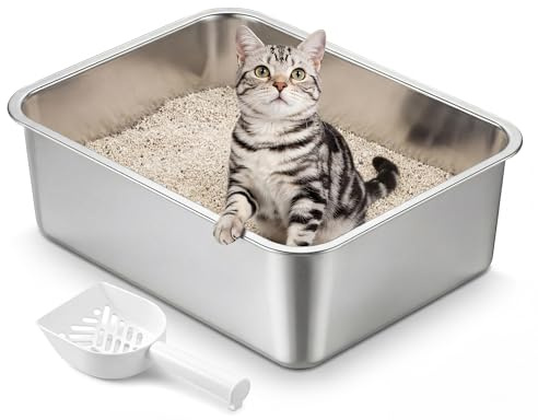Feandrea Lettiera per Gatti in Acciaio Inox, Vaschetta Aperta con Paletta, 45 x 35 x 15 cm per Gattini e Gatti Piccoli, Argento PPT014E101