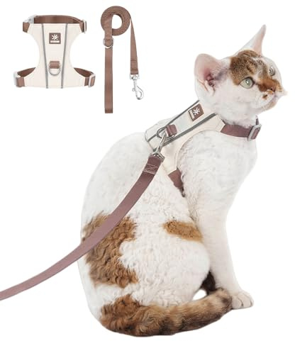 Duuclume Katzengeschirr und Leine, leicht, ausbruchsicher, reflektierend, verstellbares Geschirr mit Metallring, bequeme Haustier-Weste für Katzen (Beige, XS)