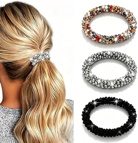 MNYXIS 3 Pezzi Elastici Capelli Donna Eleganti con Cristalli e Strass, Elastico per Capelli Forte e Delicato, Accessori Capelli Donna e Bambina per Cerimonia e Uso Quotidiano, Nero Argento e Marrone