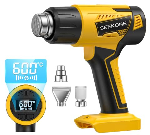 SEEKONE Cordless Heat Gun with LCD Variable Temperature Control 50℃-600℃ | Compatible with Dewalt 20V Battery, Hot Air Gun with Memory Function and 3 Nozzles for Crafting, Vinyl Wrap and 3D Printing