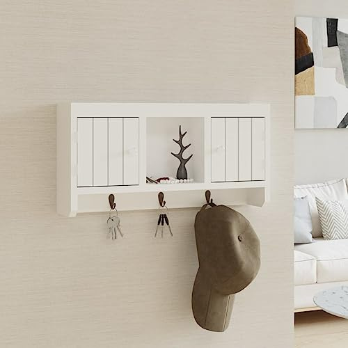 Augerlite Armoire à clés blanche 40 x 8,5 x 20 cm en bois et acier avec 3 crochets, 2 portes, montage mural, armoire de rangement pour clés, bijoux, couloir et ménage, stable et peu encombrant