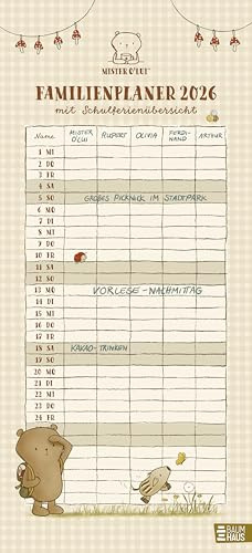 Mister O'Lui - Familienplaner 2026: Liebevoll gestalteter Kalender für die ganze Familie - mit 5 Spalten, Schulferien-Übersicht, Stundenplänen und 3-Monats-Vorschau bis März 2027