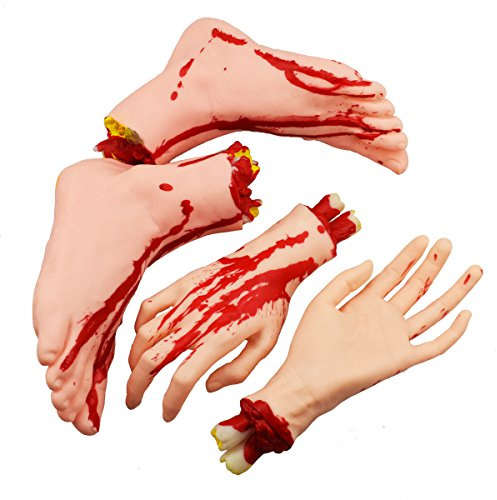XONOR Halloween abgetrennte Hände Füße Set Scary Blutige gebrochene Körperteile Halloween Requisiten Dekorationen, 4 Stück (Füße und Hände) (Hautfarbe)