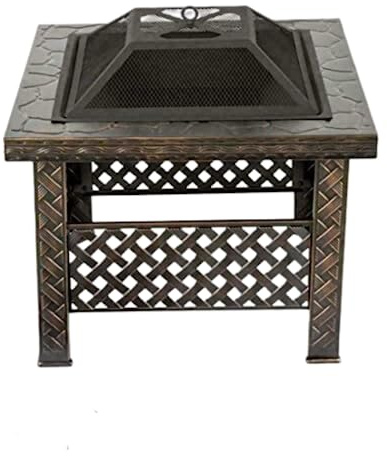 Garden Mile Outdoor Fire Pit for Garden with bronze effect- Large Square Heater Brazier, Fire Pit Table Top Garden Log Burner with Fire Poker for Camping, Patio